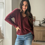 The 'Elanora' Long Sleeve V-Neck Pullover Knit in Cabernet - Love and Lee Apparel
