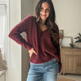 The 'Elanora' Long Sleeve V-Neck Pullover Knit in Cabernet - Love and Lee Apparel