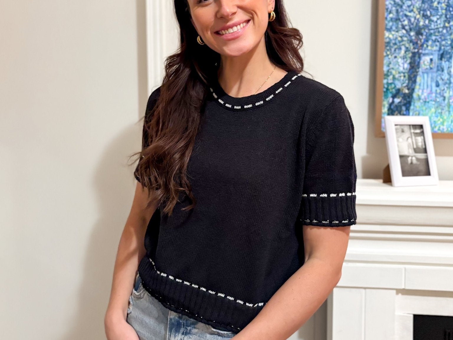 The Rhonda Short Sleeve Sweater with Contrast Stitch in Black - Love and Lee Apparel