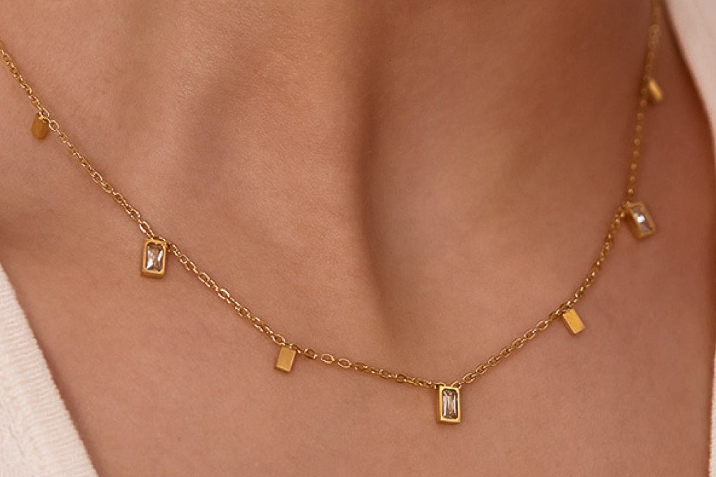 Dainty Chain Necklace with Emerald Cut Drop Charms in 18k Gold Plated Stainless Steel - Love and Lee Apparel