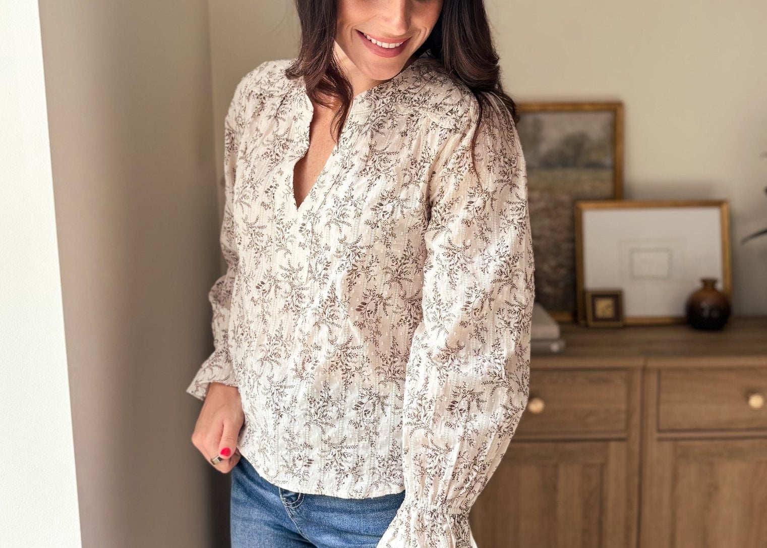 The Vintage Stonehouse Floral Print Split Neck Long Sleeve Blouse - Love and Lee Apparel