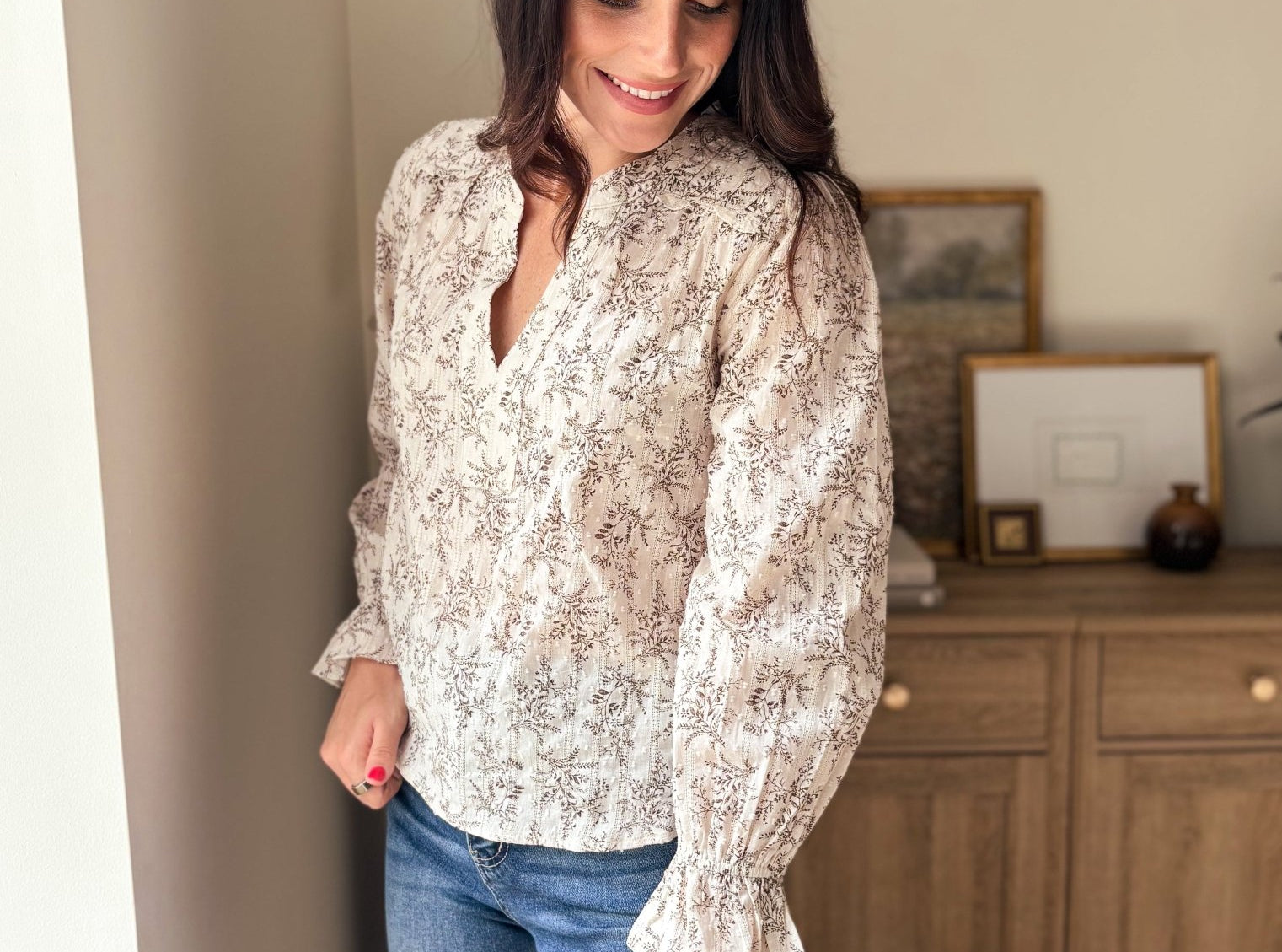 The Vintage Stonehouse Floral Print Split Neck Long Sleeve Blouse - Love and Lee Apparel