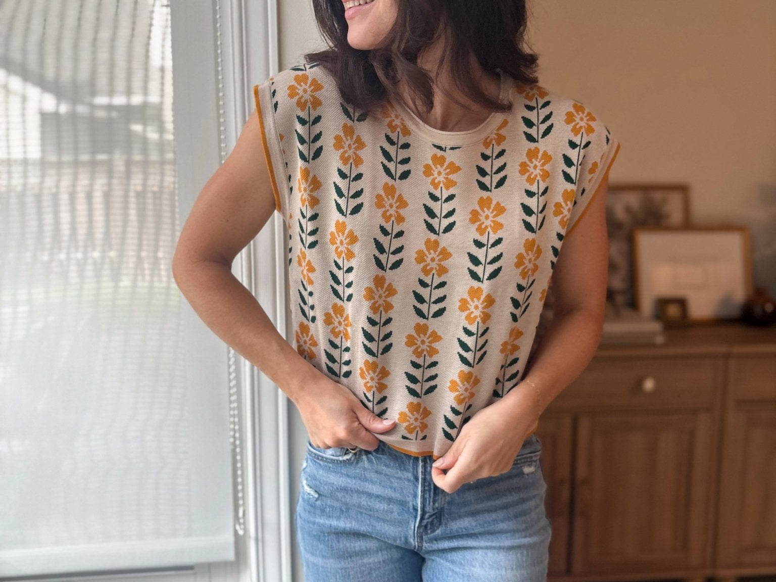 The Hattie Vintage Floral Knit Top Cap Sleeve Lightweight Sweater - Love and Lee Apparel