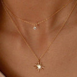 Double Layered Dainty Chain Necklace with Starburst & Rhinestone Pendant - 18K Gold Plated - Love and Lee Apparel