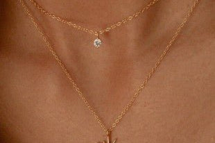 Double Layered Dainty Chain Necklace with Starburst & Rhinestone Pendant - 18K Gold Plated - Love and Lee Apparel