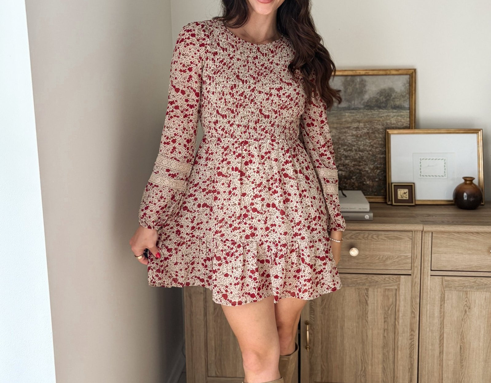 The Early Harvest Lace Trim Smocking Printed Mini Dress - Love and Lee Apparel