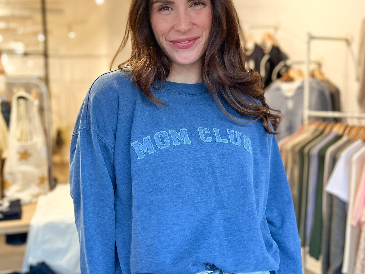 The Mom Club Crewneck Knit Top in Indigo Denim Blue - Love and Lee Apparel