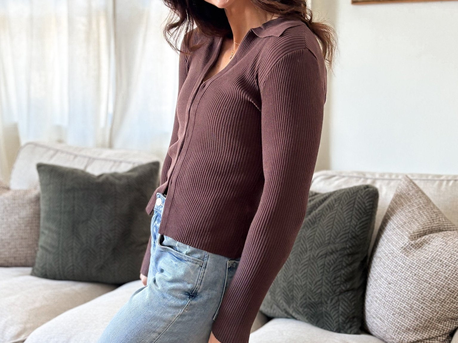 The Cora Front Hook Collared Long Sleeve Knit Cardigan in Brown - Love and Lee Apparel