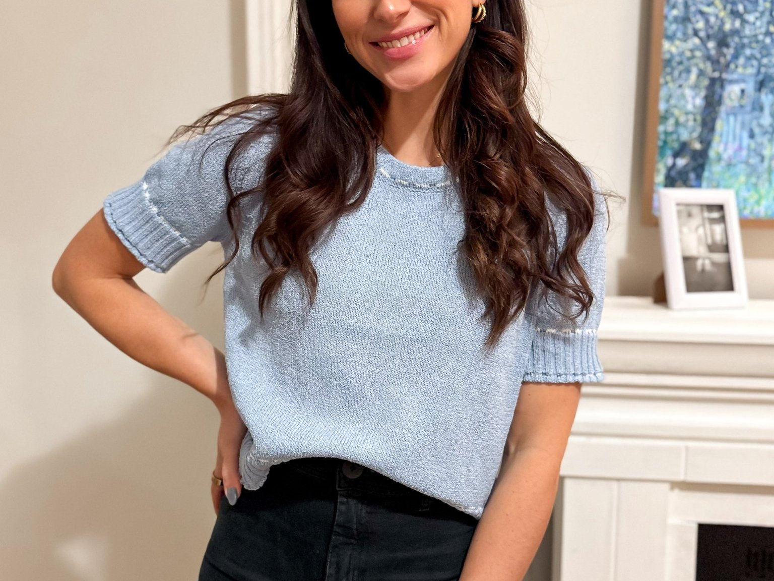 The Vivianne Short Sleeve Sweater with Contrast Color Stitch in Powder Blue - Love and Lee Apparel