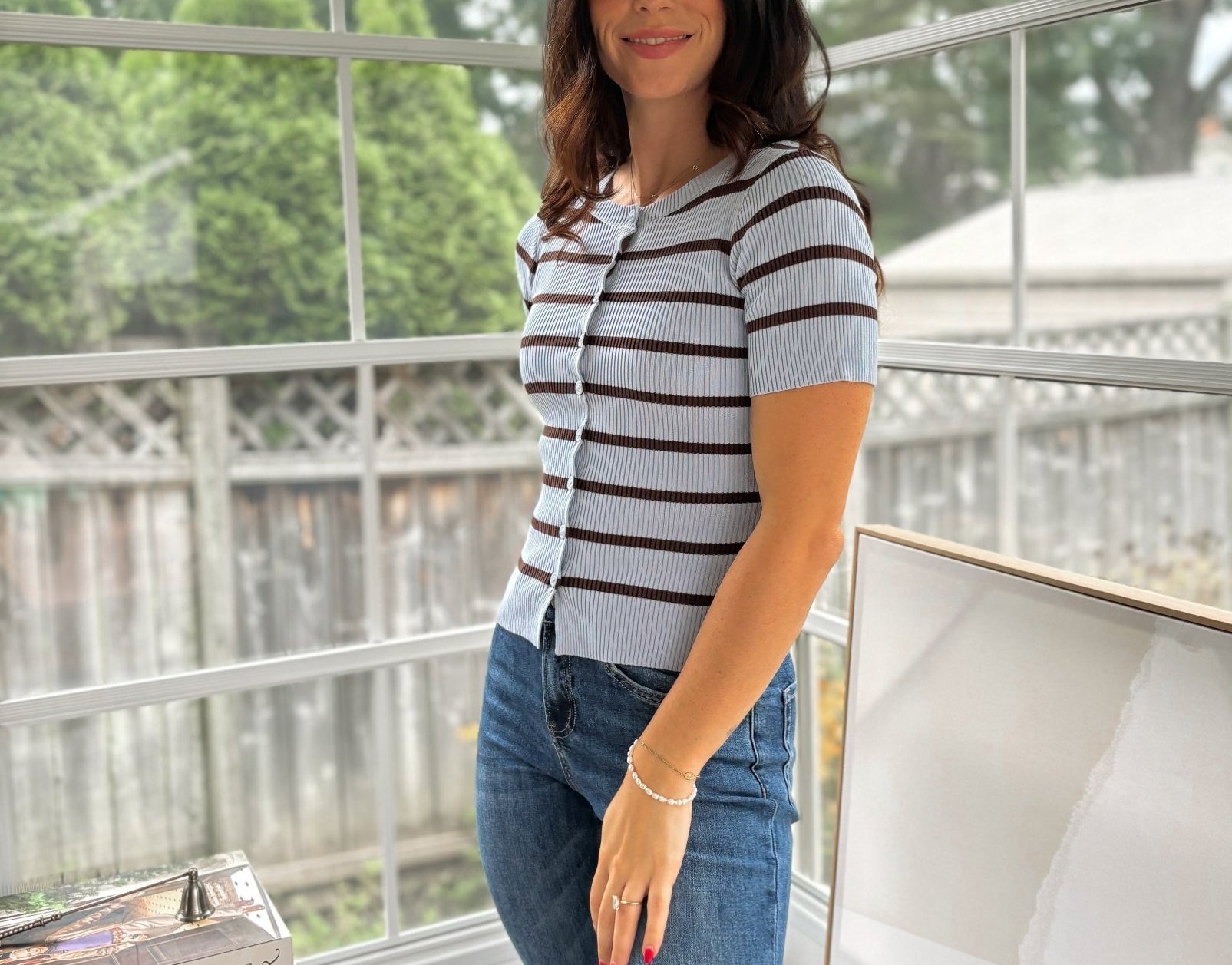 'Collegiate Cutie' Stripe Button Front Split Hem Short Sleeve Top - Love and Lee Apparel