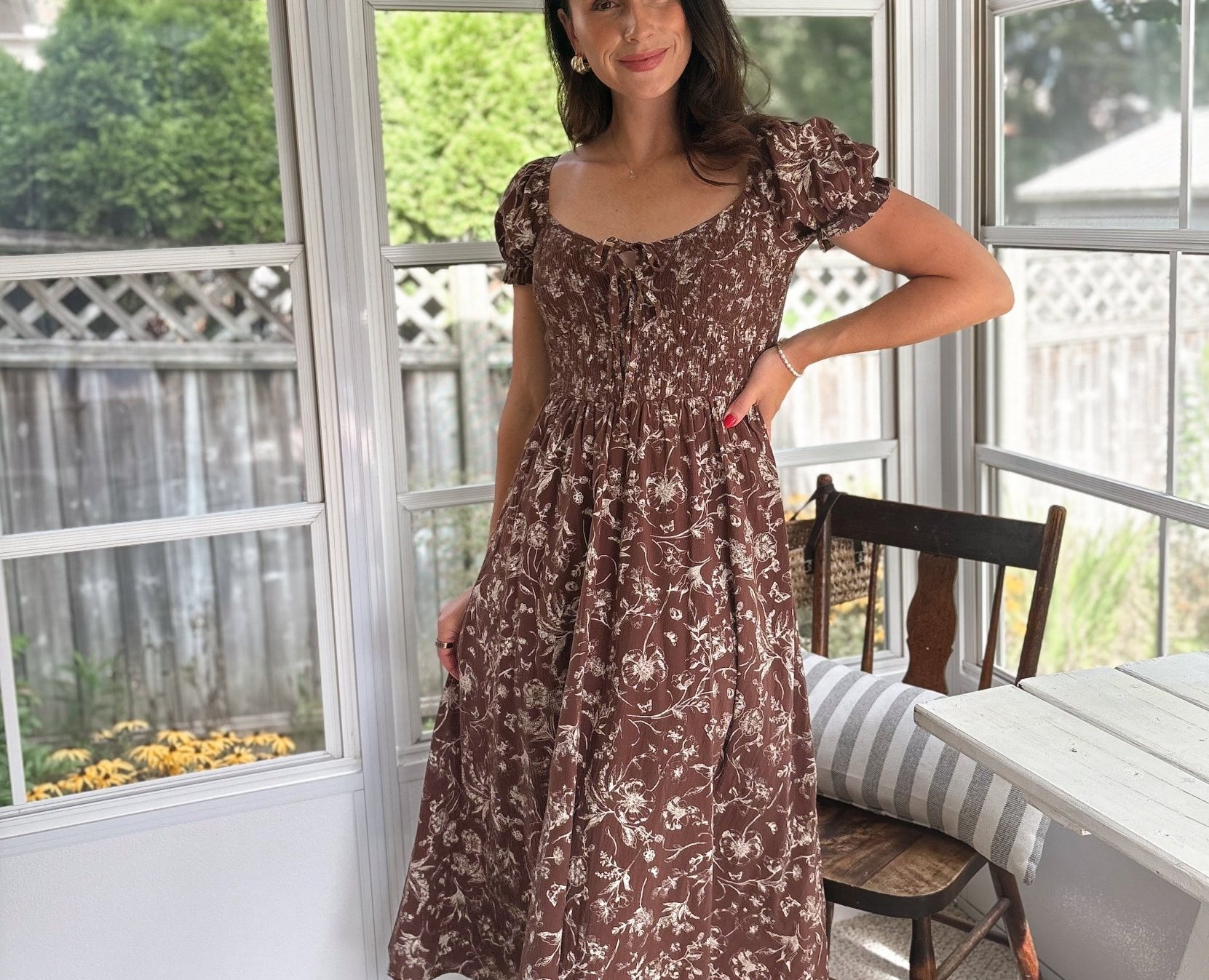 The Elphie Floral Toile Front Tie Smocked Midi Dress - Love and Lee Apparel