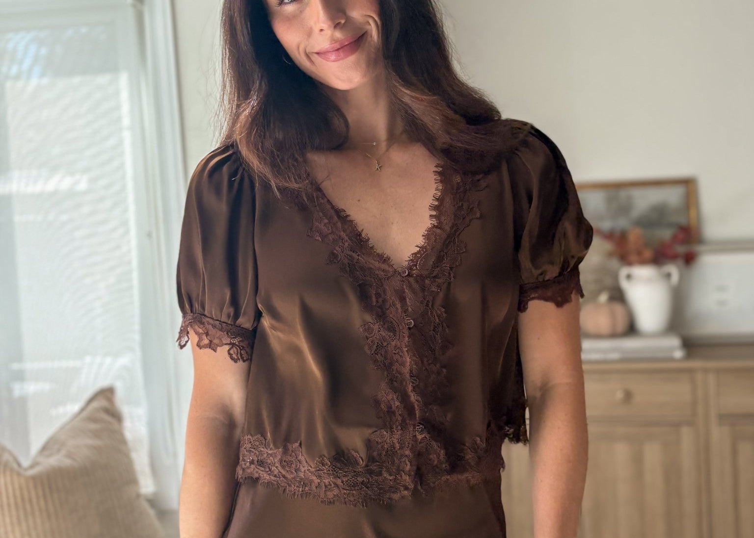 The 'Harvest House' Satin Lace Trim V Neck Puff Sleeve Blouse - Love and Lee Apparel
