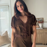 The 'Harvest House' Satin Lace Trim V Neck Puff Sleeve Blouse - Love and Lee Apparel