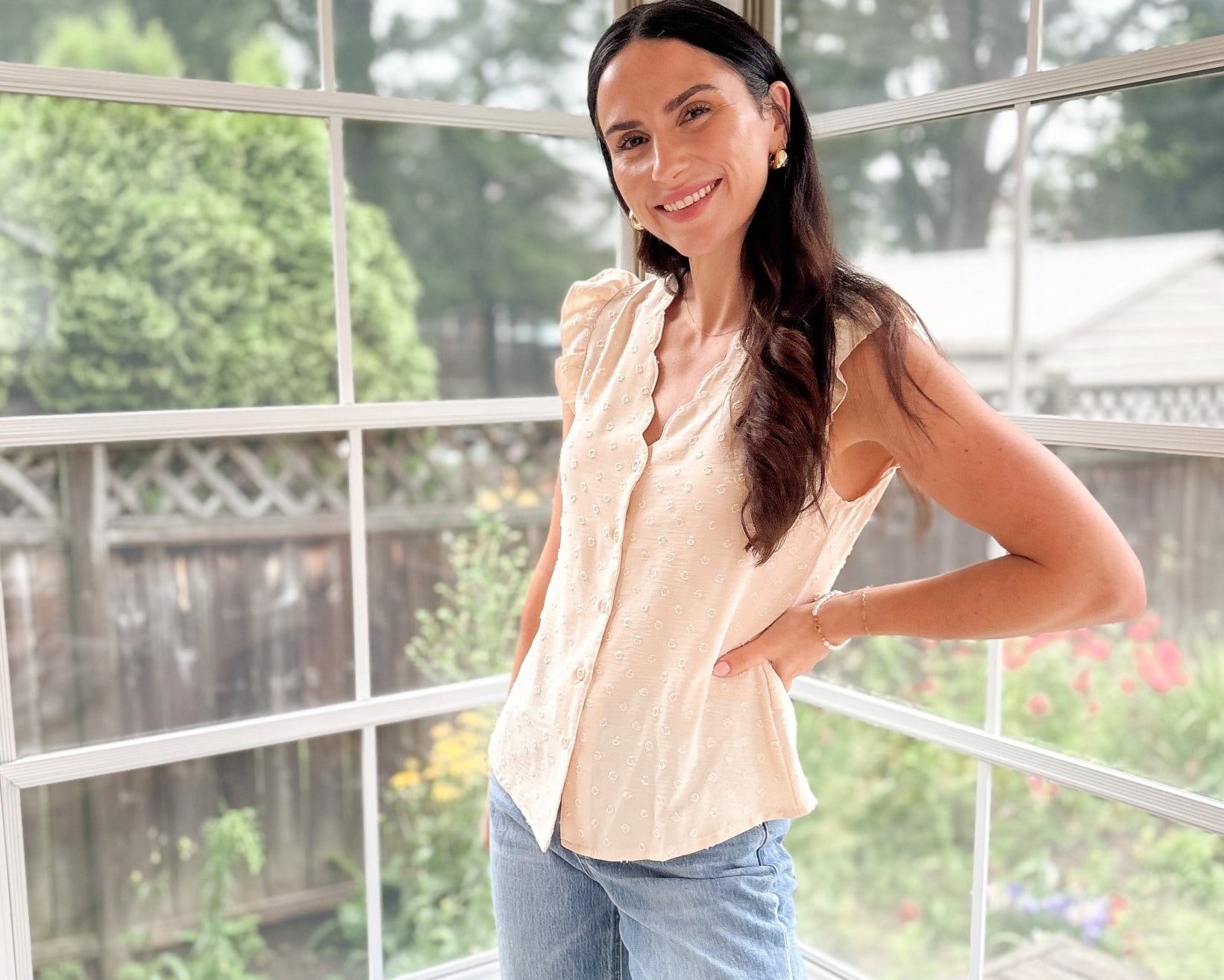 Penelope V-Neck Swiss Dot Short Sleeve Blouse - Love and Lee Apparel