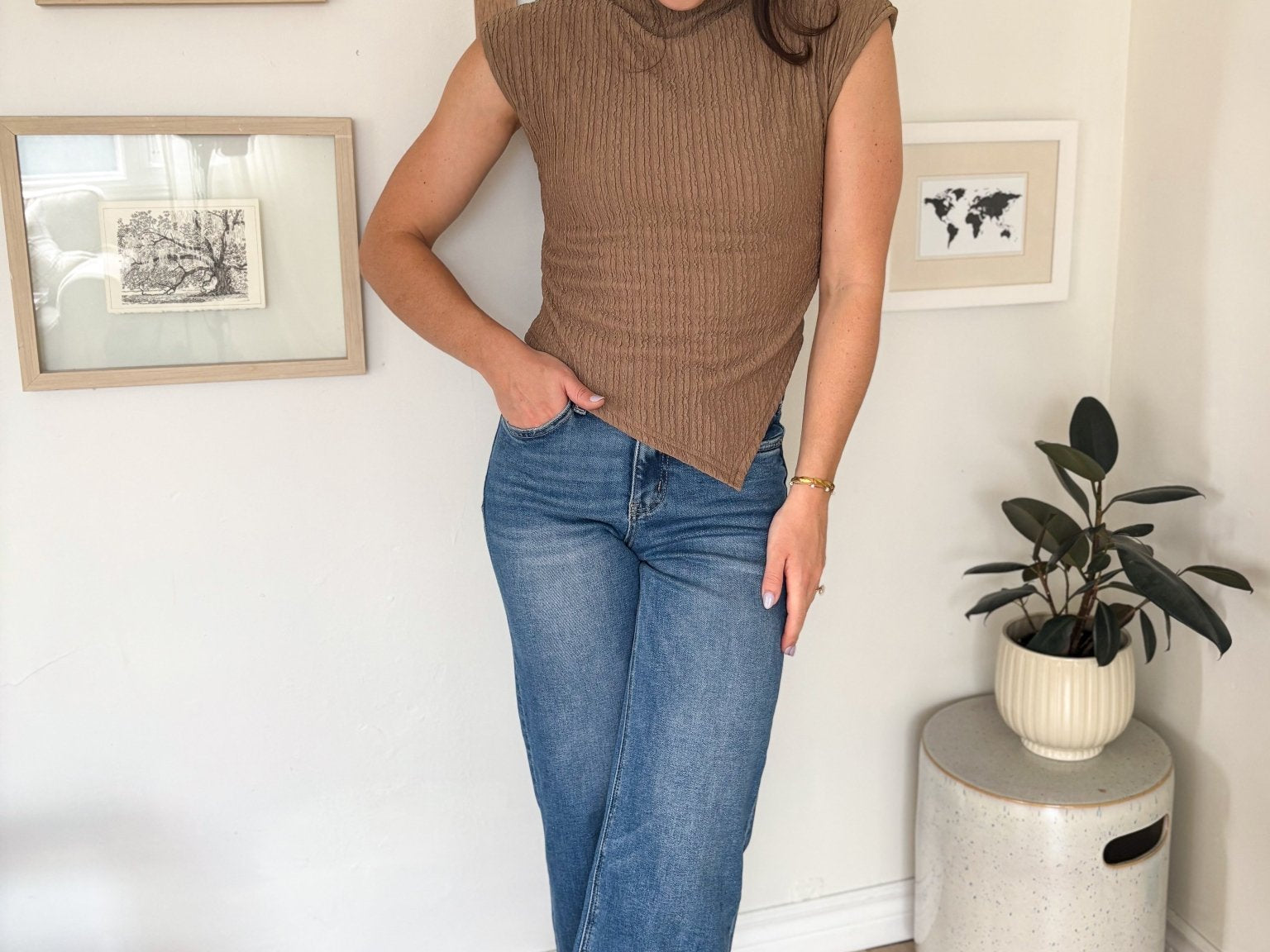 The Nikita Asymmetrical Hem Mock Neck Sleeveless Top in Mocha - Love and Lee Apparel