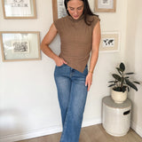 The Nikita Asymmetrical Hem Mock Neck Sleeveless Top in Mocha - Love and Lee Apparel