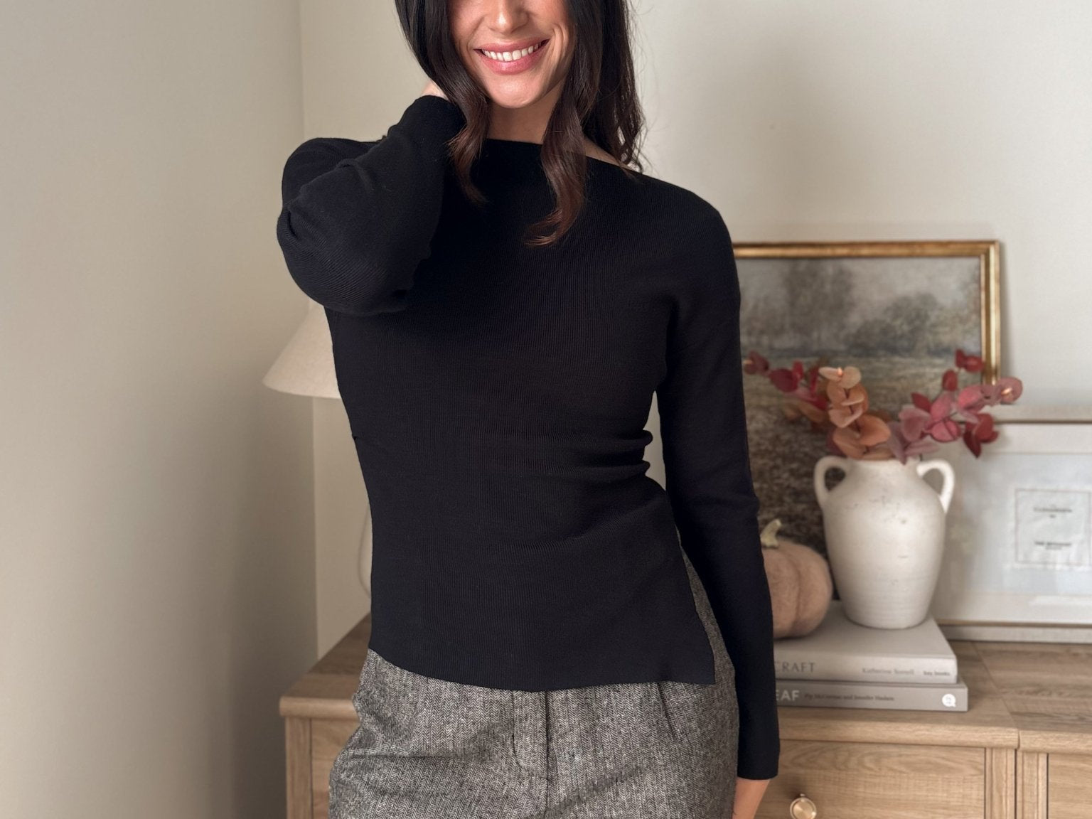 The' Home for the Holiday' Boat Neck Dolman Long Sleeve Knit Sweater in Black - Love and Lee Apparel