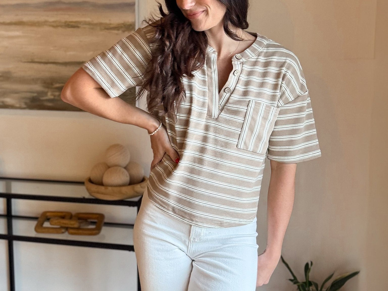 Lakehouse Stripe Short Sleeve Henley Knit Top - Love and Lee Apparel
