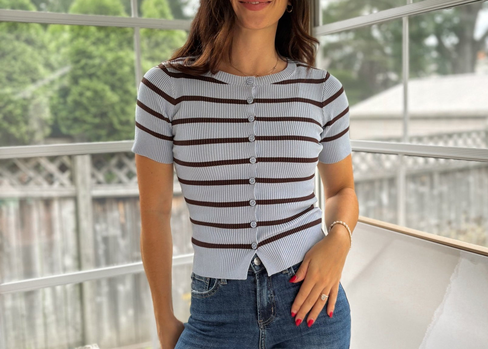 'Collegiate Cutie' Stripe Button Front Split Hem Short Sleeve Top - Love and Lee Apparel