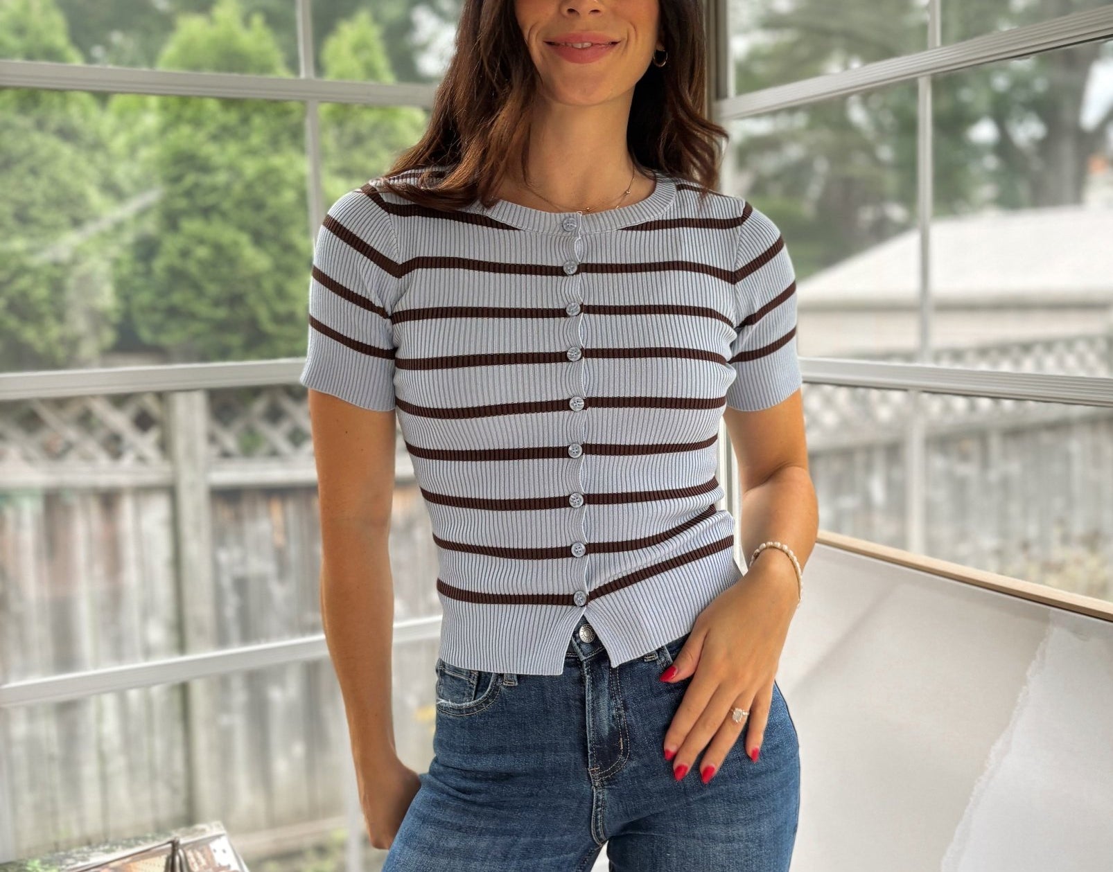 'Collegiate Cutie' Stripe Button Front Split Hem Short Sleeve Top - Love and Lee Apparel