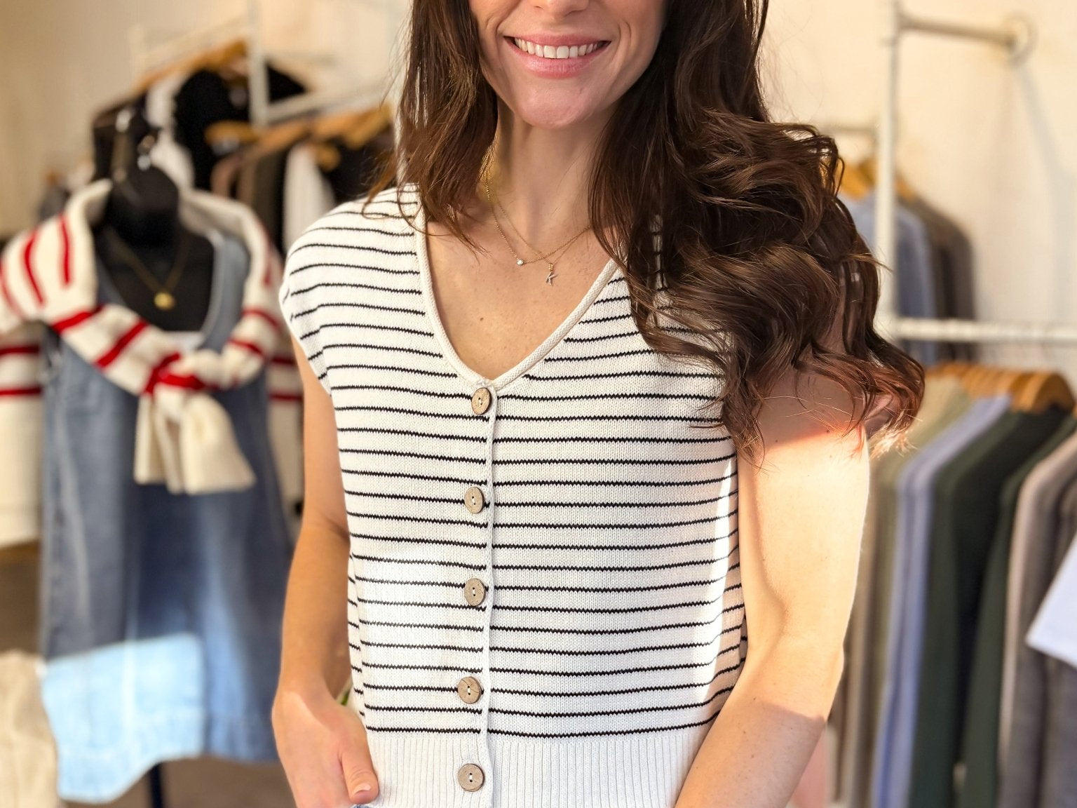 The Elizabeth Stripe Scoop Neck Raw Edge Short Sleeve Cardigan - Love and Lee Apparel