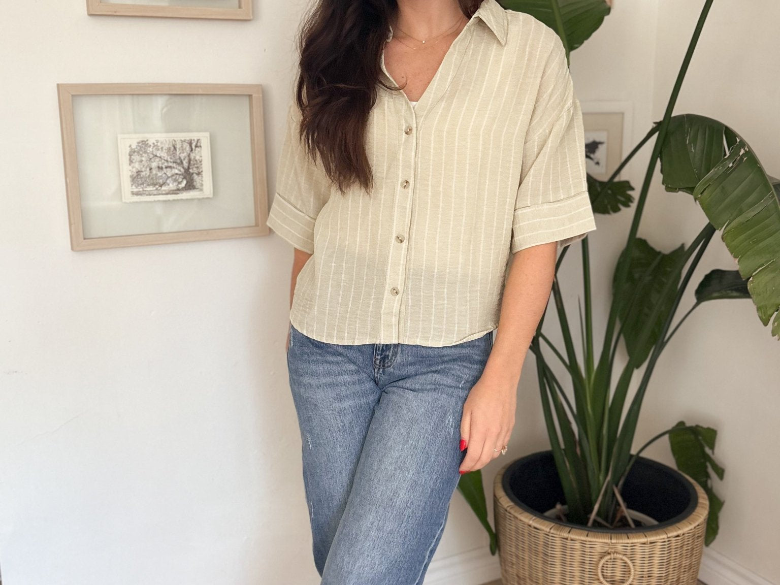 Micheline Pinstripe Collared Button Down 3/4 Sleeve Top - Love and Lee Apparel
