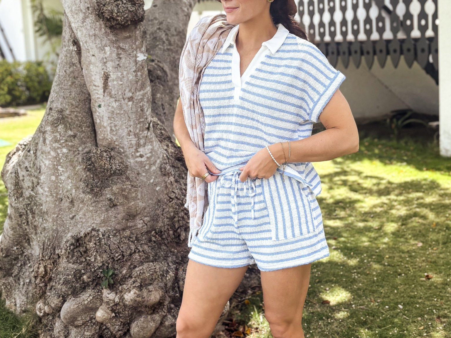 The Delphine Textured Stripe Collared Short Sleeve Knit Top - Love and Lee Apparel