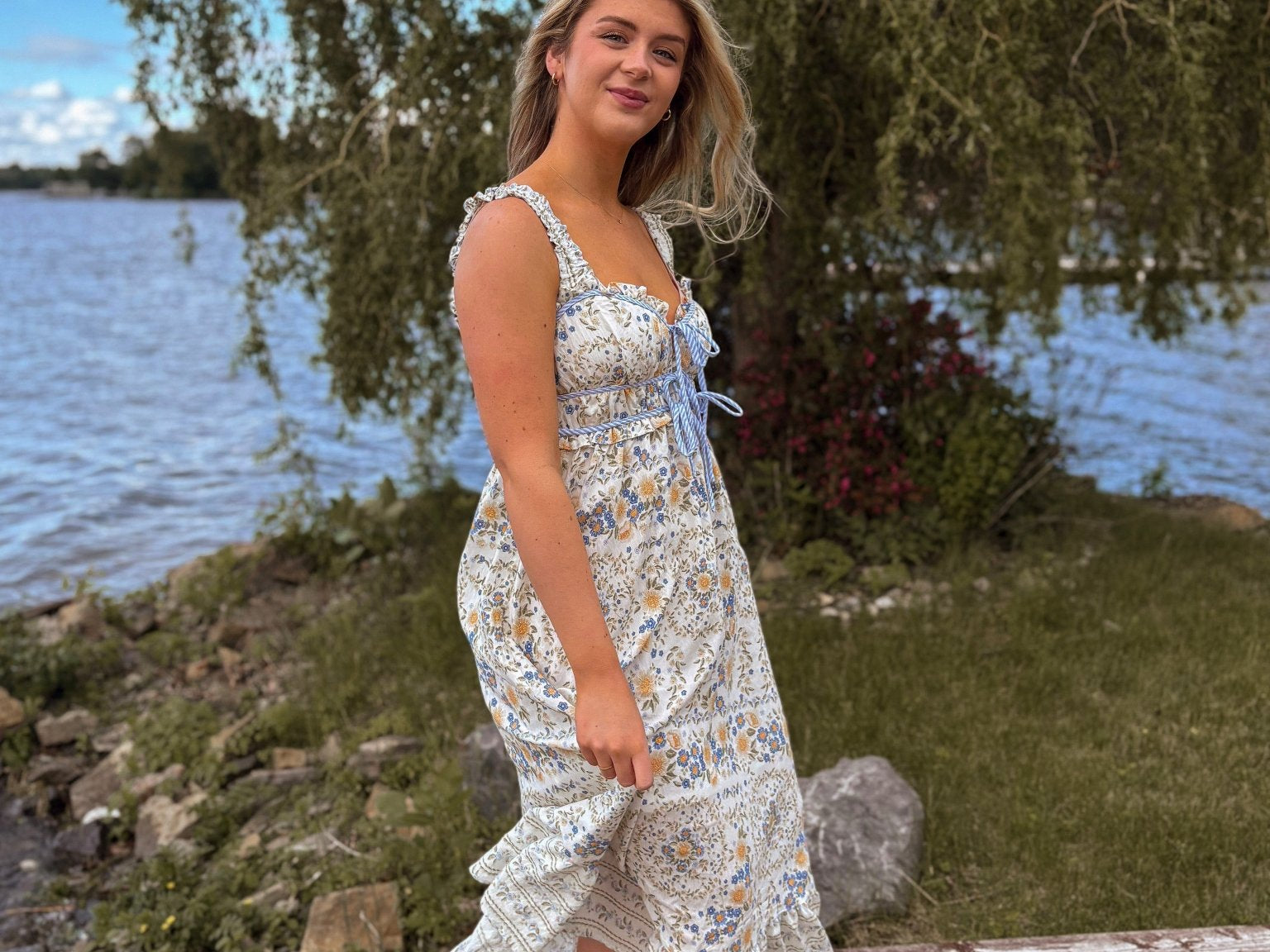 Seaview Border Floral Sleeveless Front Tie Midi Dress - Love and Lee Apparel