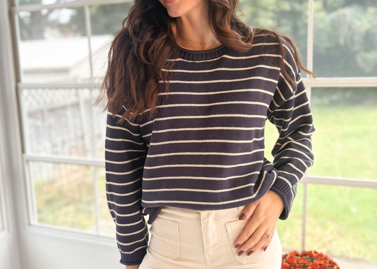 The Highlands Striped Drop Shoulder Crew Neck Sweater in Navy - Love and Lee Apparel