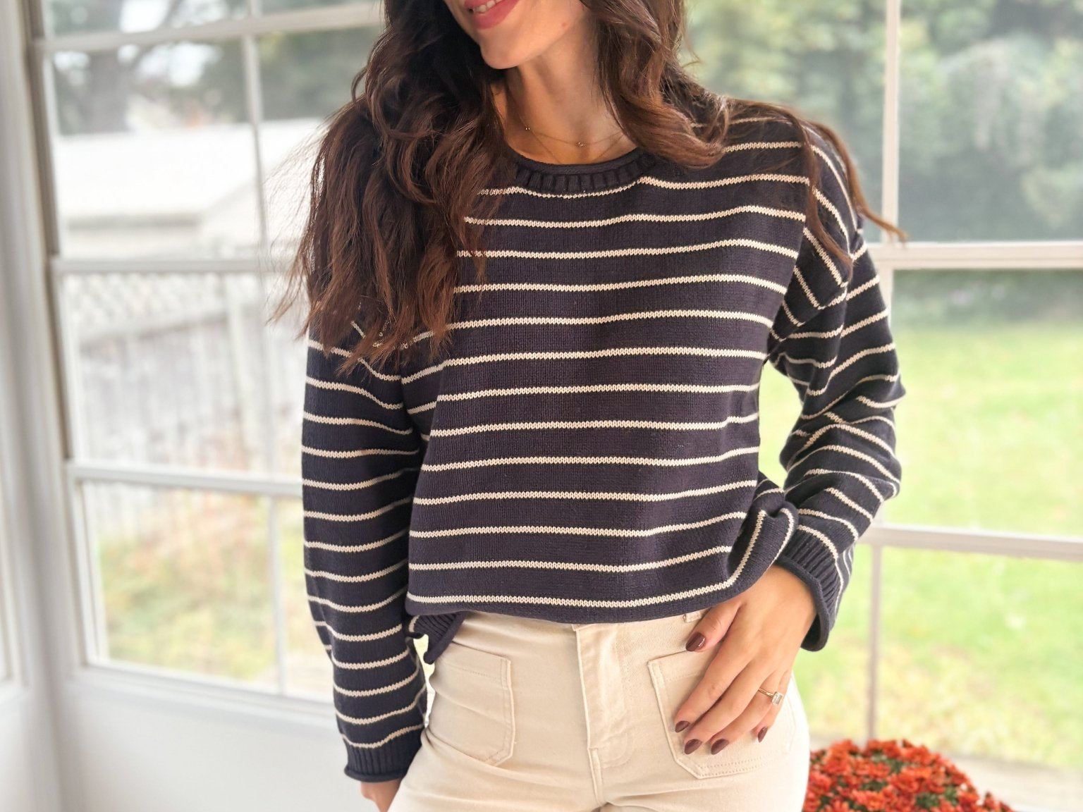 The Highlands Striped Drop Shoulder Crew Neck Sweater in Navy - Love and Lee Apparel