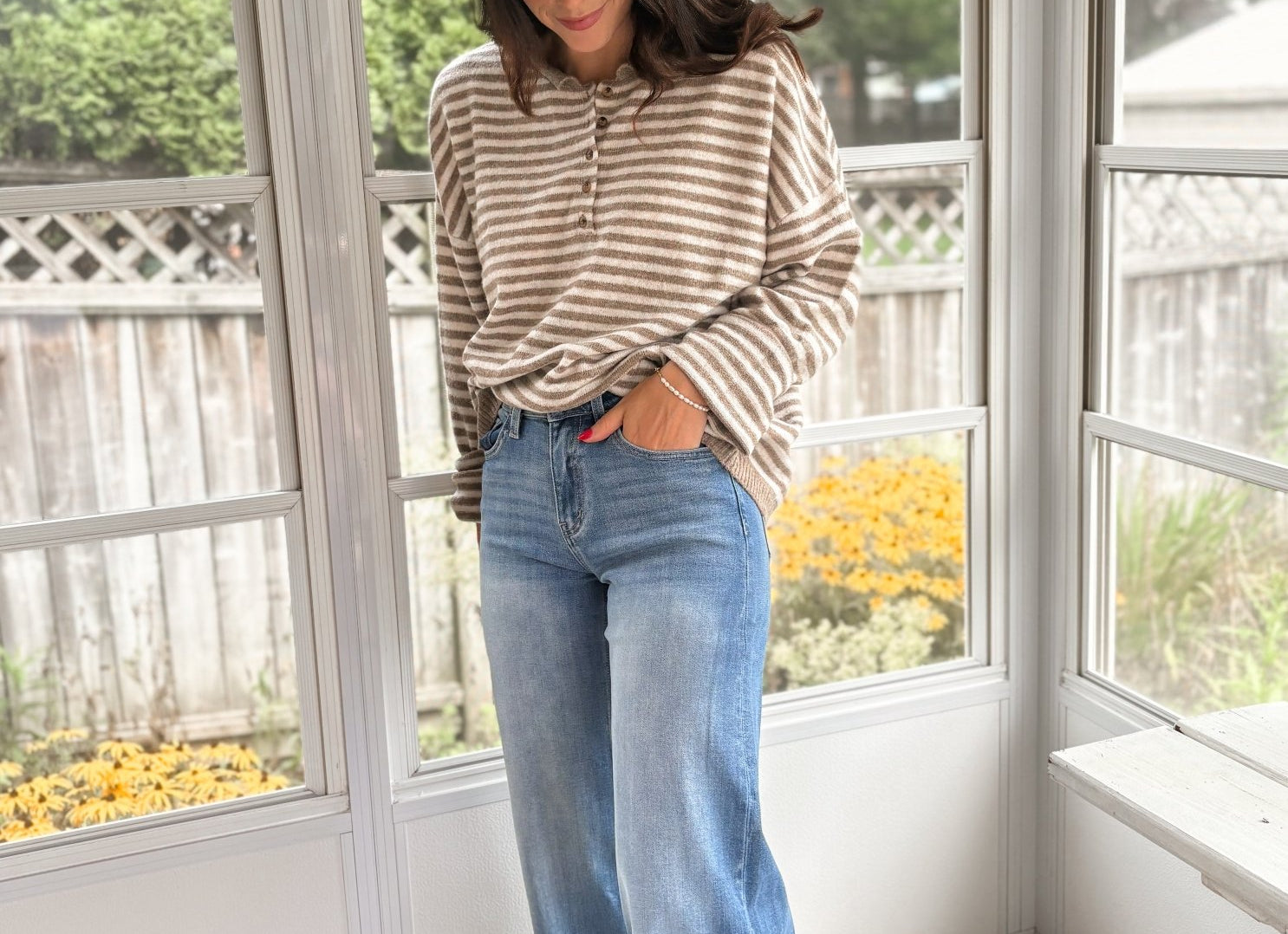 The Clover Button & Stripe Henley Drop Shoulder Sweater - Love and Lee Apparel