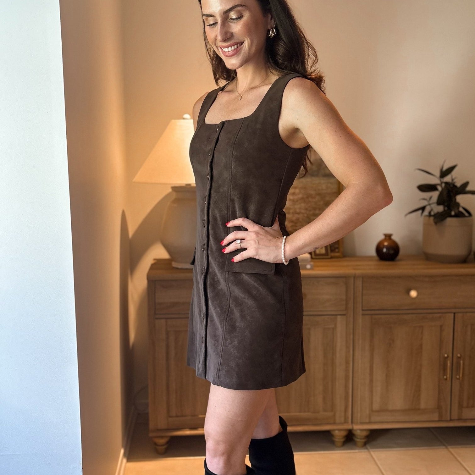The Dixie Square Neck Button Down Suede Mini Dress in Brown - Love and Lee Apparel