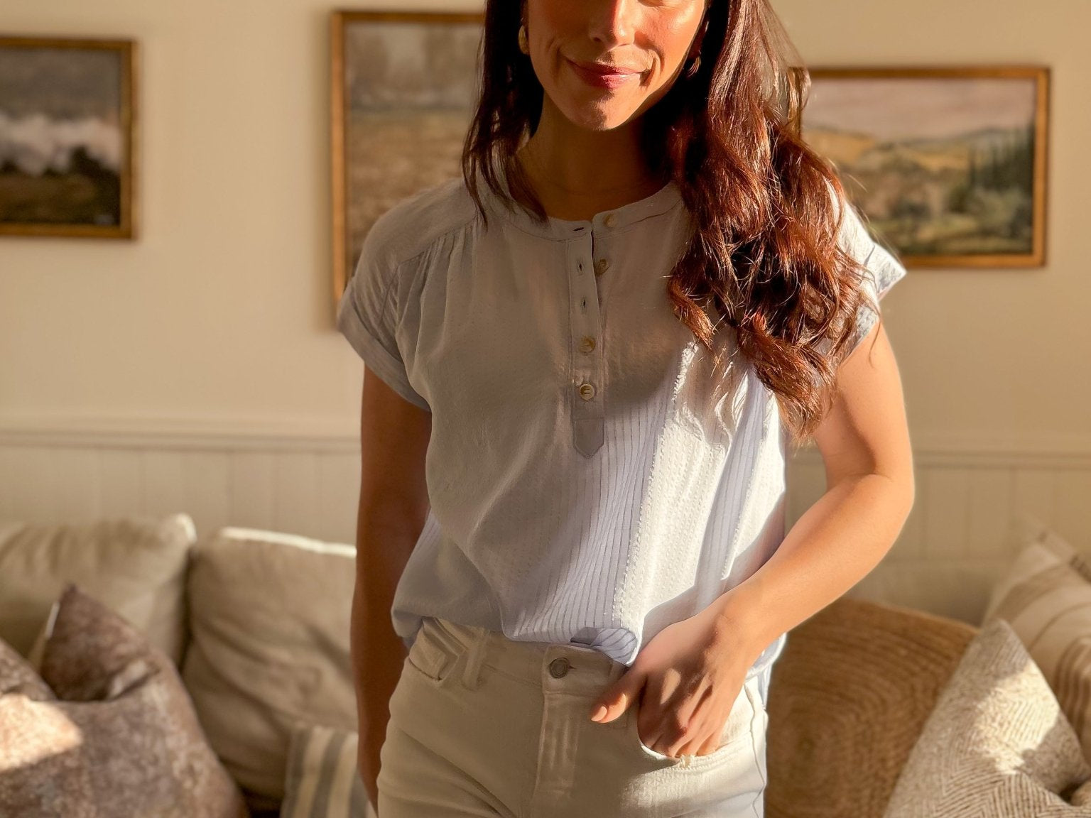 The Ruth Short Sleeve Henley Detail Blouse with Ruched Shoulder - Love and Lee Apparel