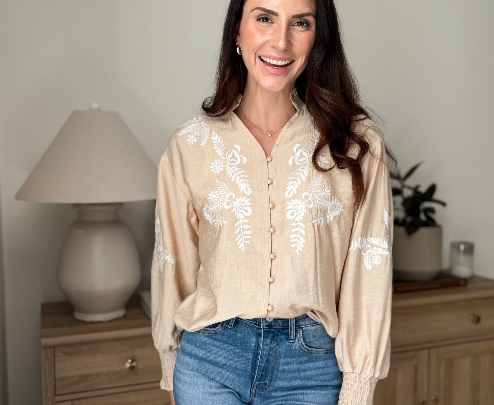 The Aspen Floral Embroidered Cotton Blend Blouse Boho Puff Sleeve - Love and Lee Apparel
