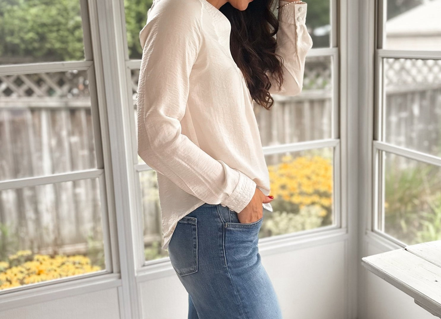 The Marcella Textured Satin V Neck Long Sleeve Blouse - Love and Lee Apparel