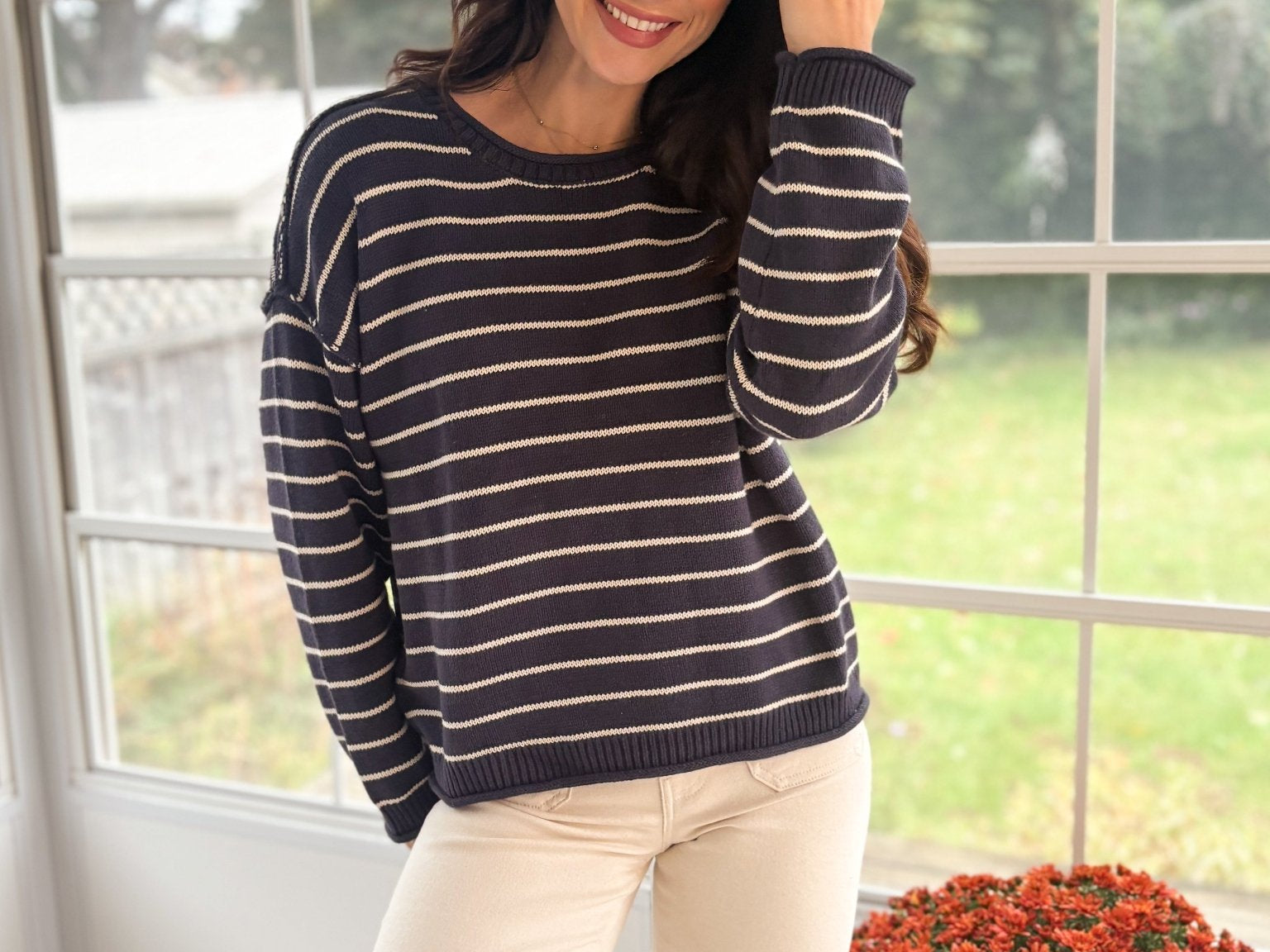 The Highlands Striped Drop Shoulder Crew Neck Sweater in Navy - Love and Lee Apparel