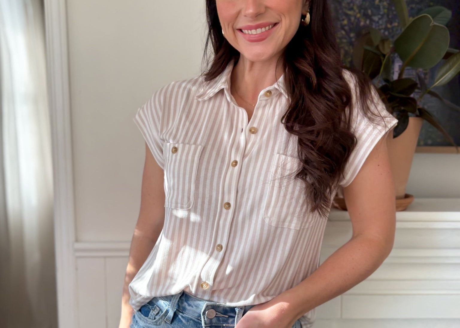 The Tayla Stripe Collared Short Sleeve Button Down Top - Love and Lee Apparel