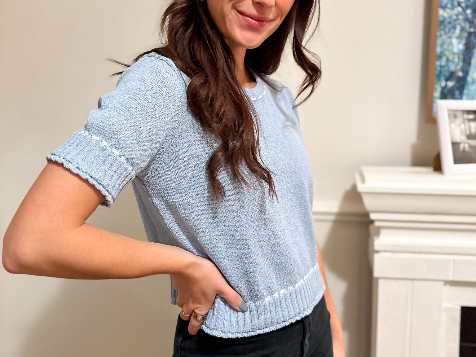 The Vivianne Short Sleeve Sweater with Contrast Color Stitch in Powder Blue - Love and Lee Apparel