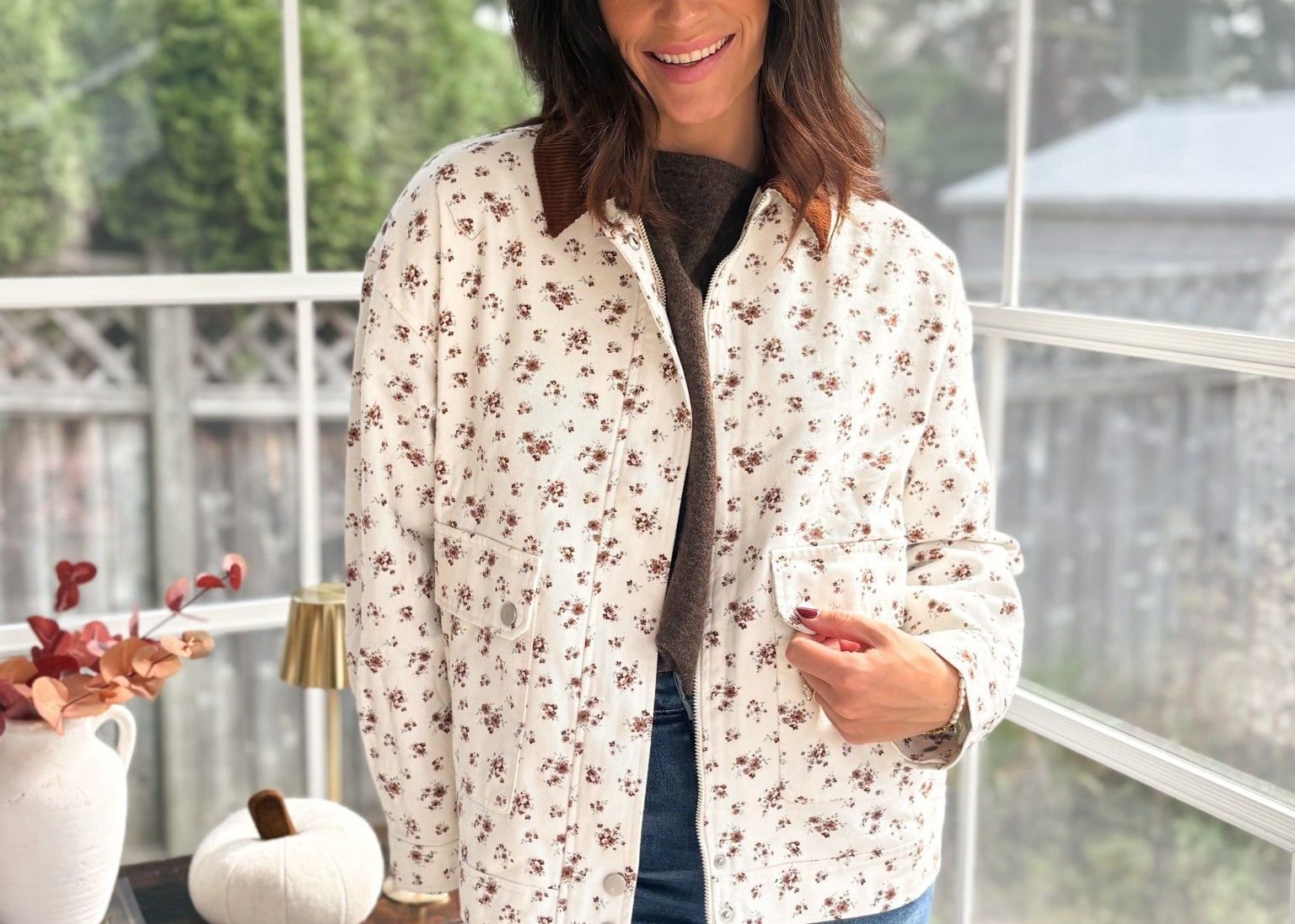 Golden Grove Floral Corduroy Collar Denim Jacket - Love and Lee Apparel