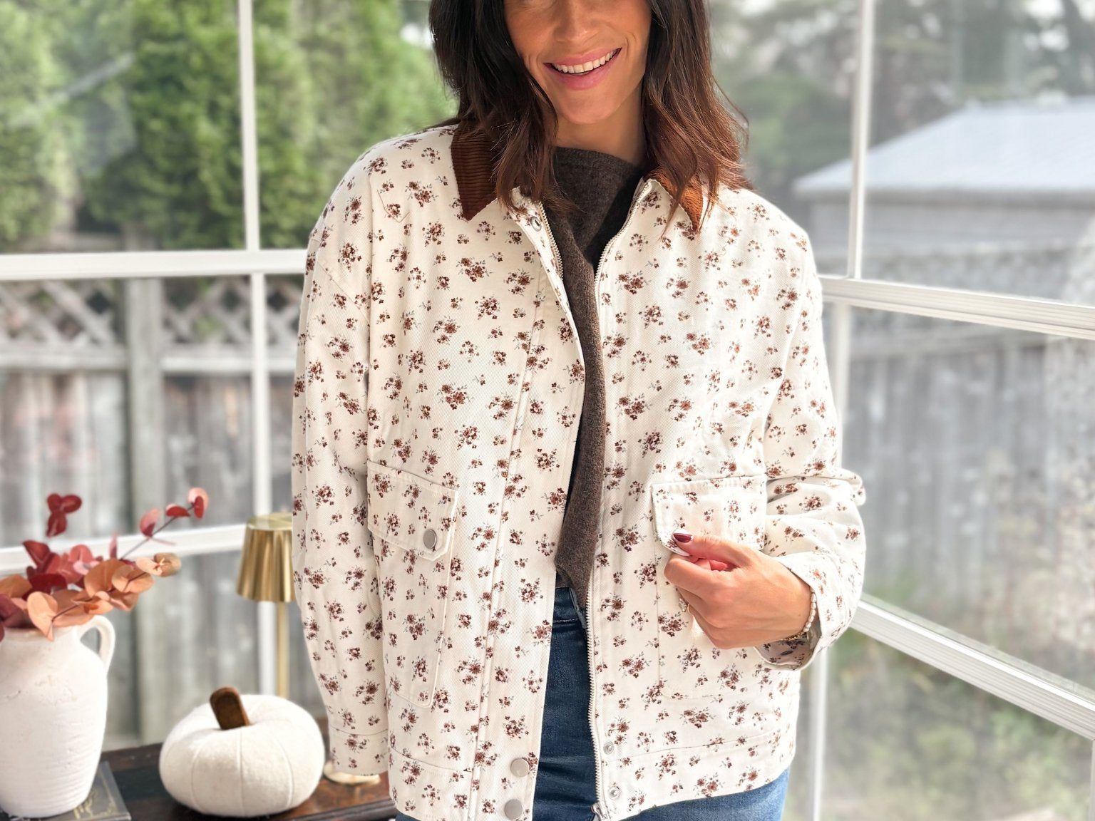 Golden Grove Floral Corduroy Collar Denim Jacket - Love and Lee Apparel