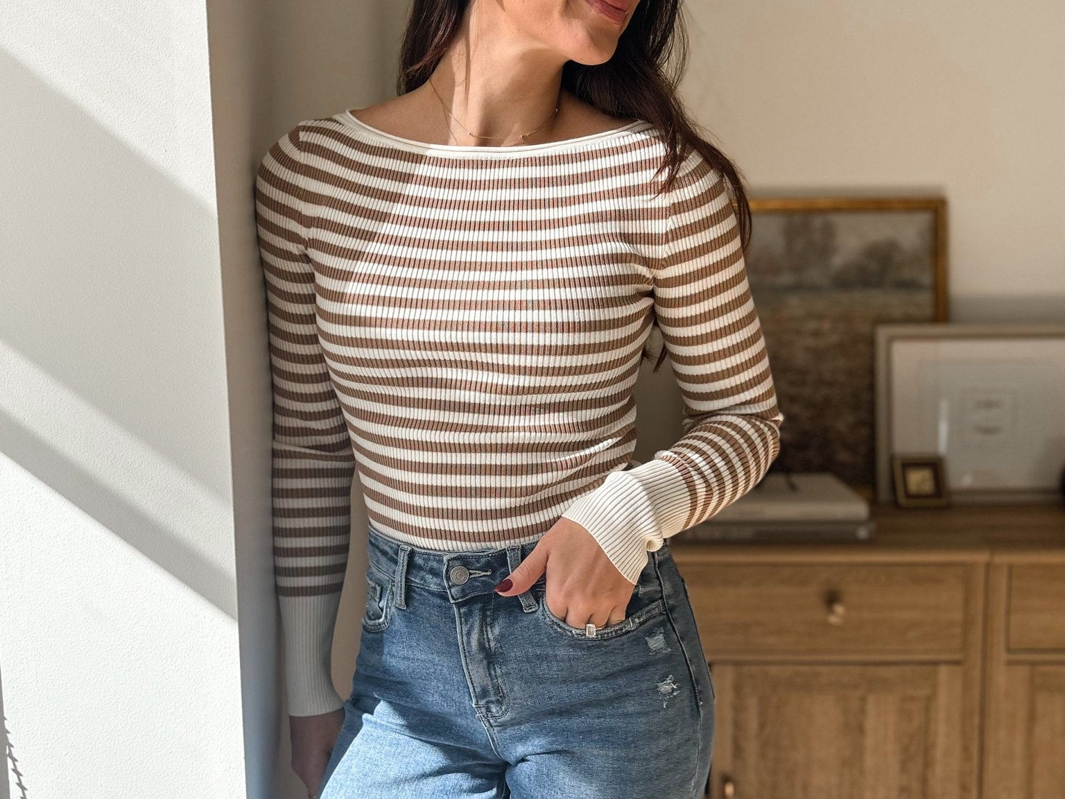 Atrium Boat Neck Stripe Ribbed Long Sleeve Sweater Top - Love and Lee Apparel