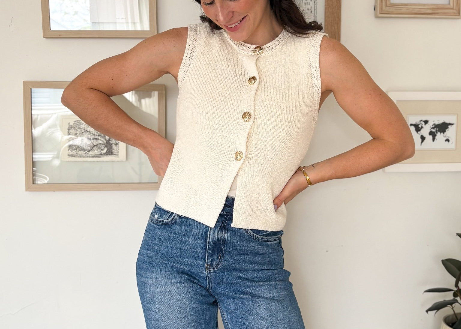 The Regan Gold Seashell Button Down Knit Vest in Cream - Love and Lee Apparel