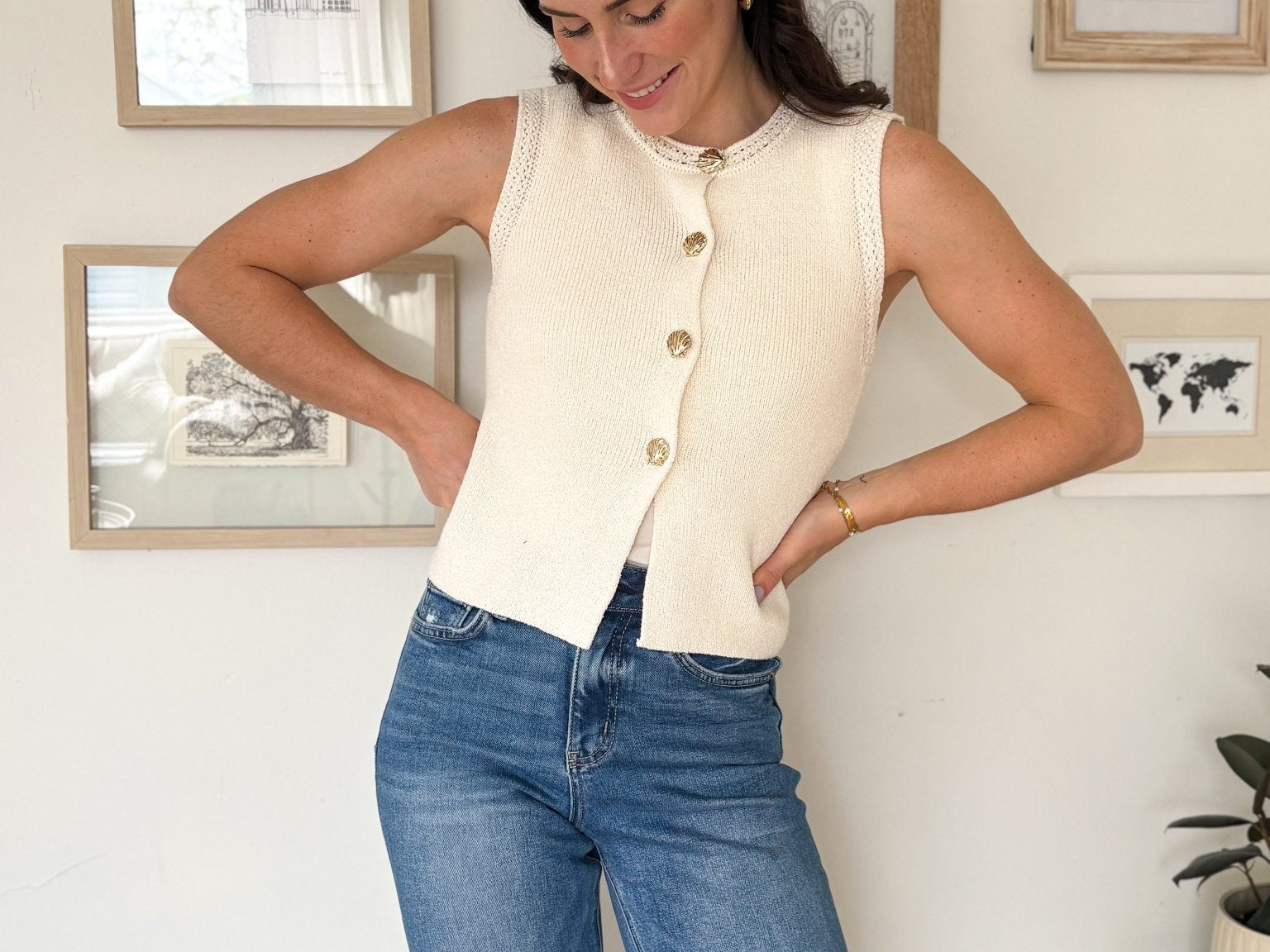 The Regan Gold Seashell Button Down Knit Vest in Cream - Love and Lee Apparel
