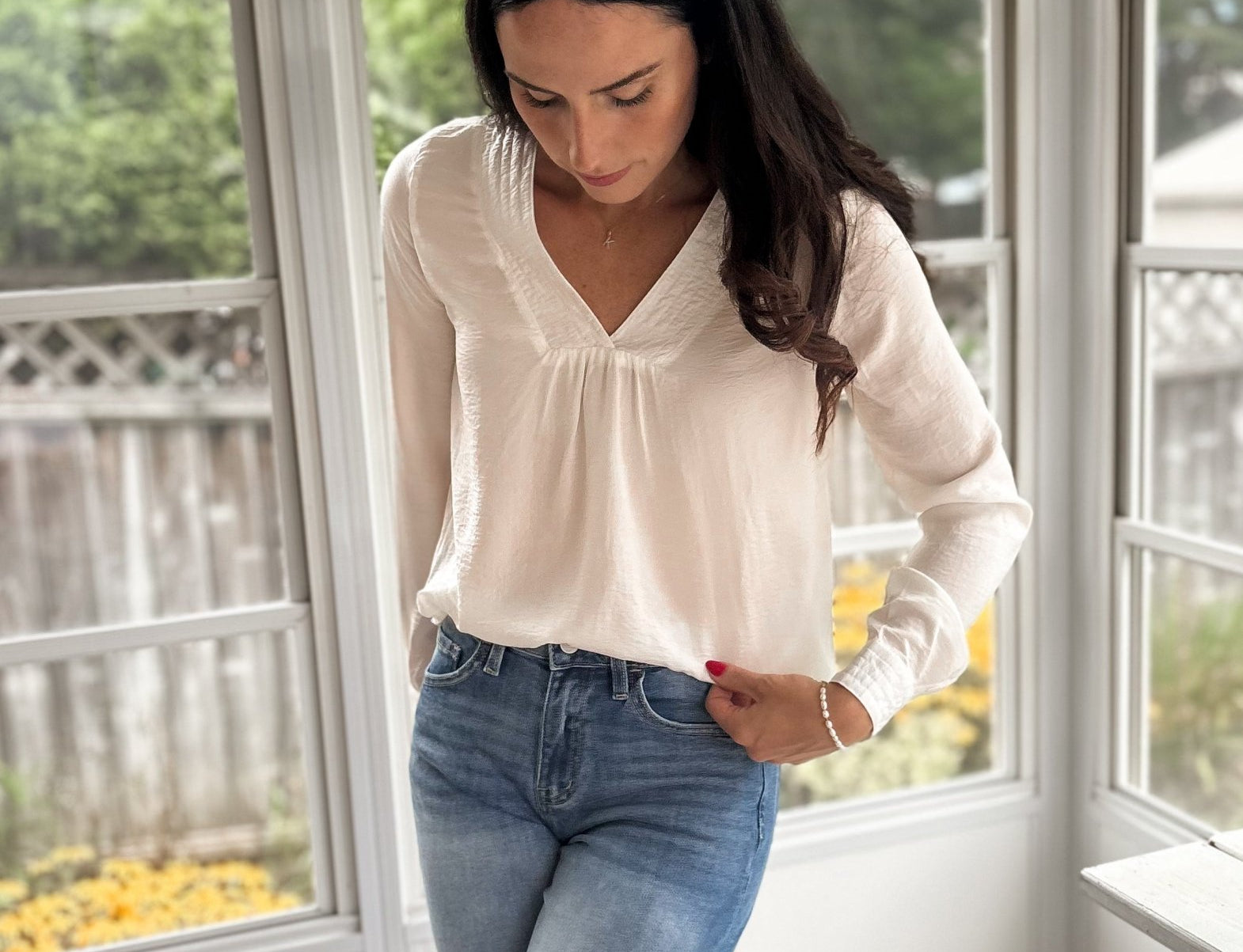 The Marcella Textured Satin V Neck Long Sleeve Blouse - Love and Lee Apparel