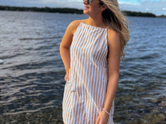 Muskoka Striped Straight Neck Knee-Length Dress in Beige - Love and Lee Apparel