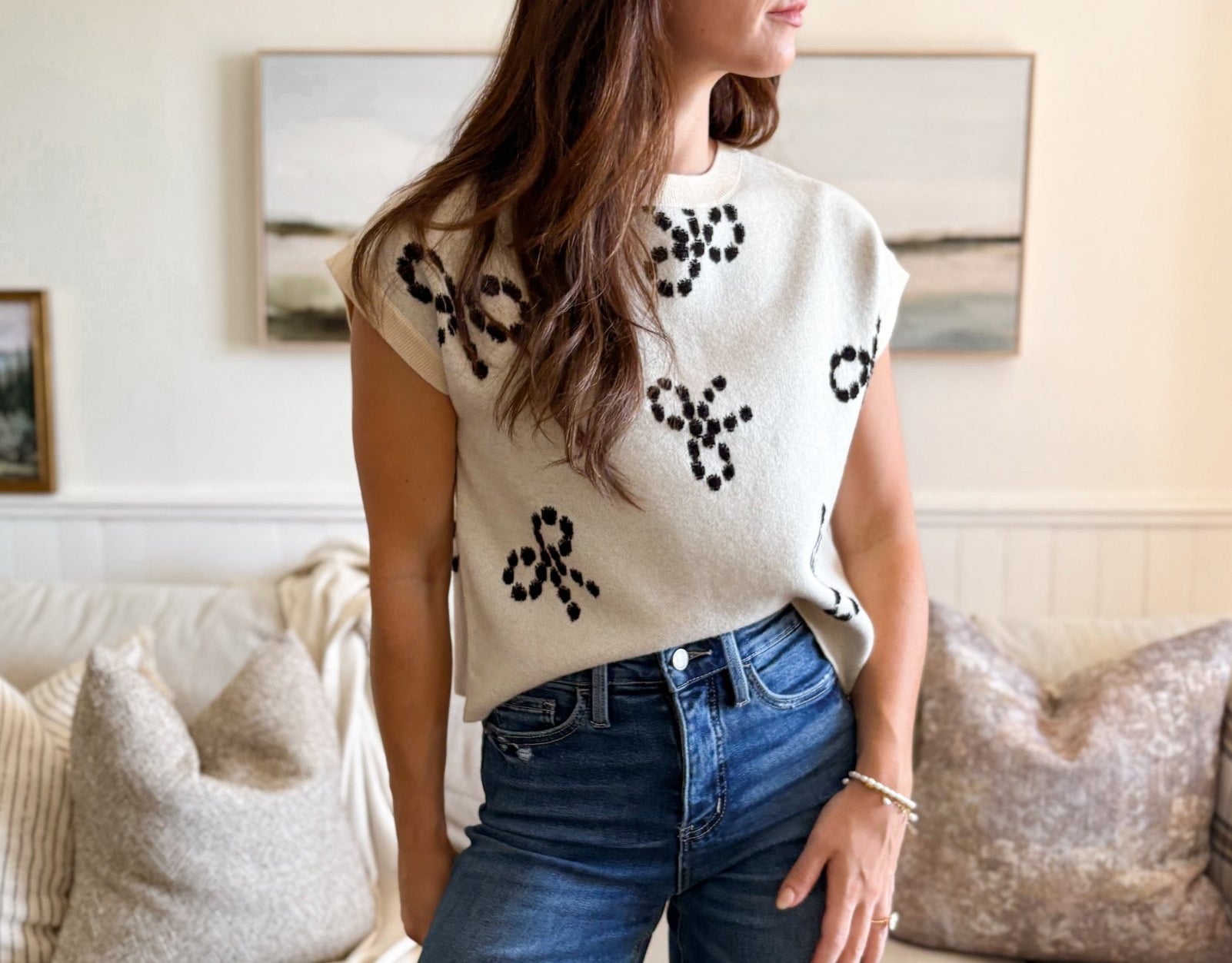 The Bernie Round Neck Short Sleeve Bow Knit Sweater in Ivory - Love and Lee Apparel