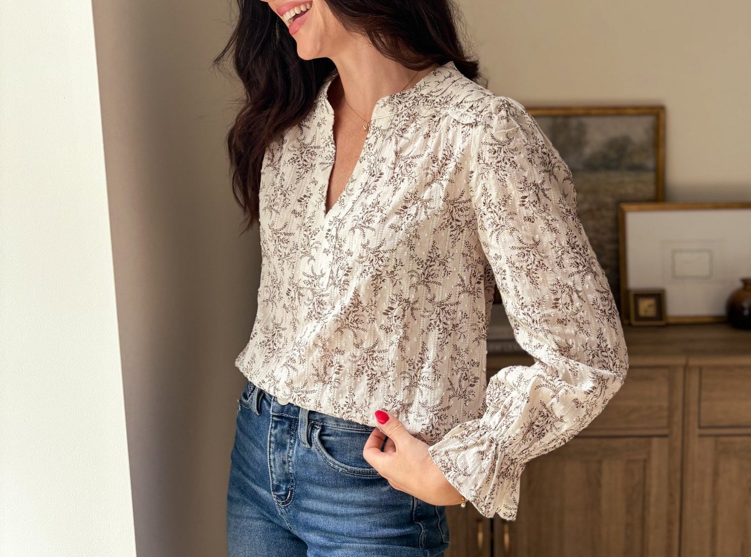 The Vintage Stonehouse Floral Print Split Neck Long Sleeve Blouse - Love and Lee Apparel
