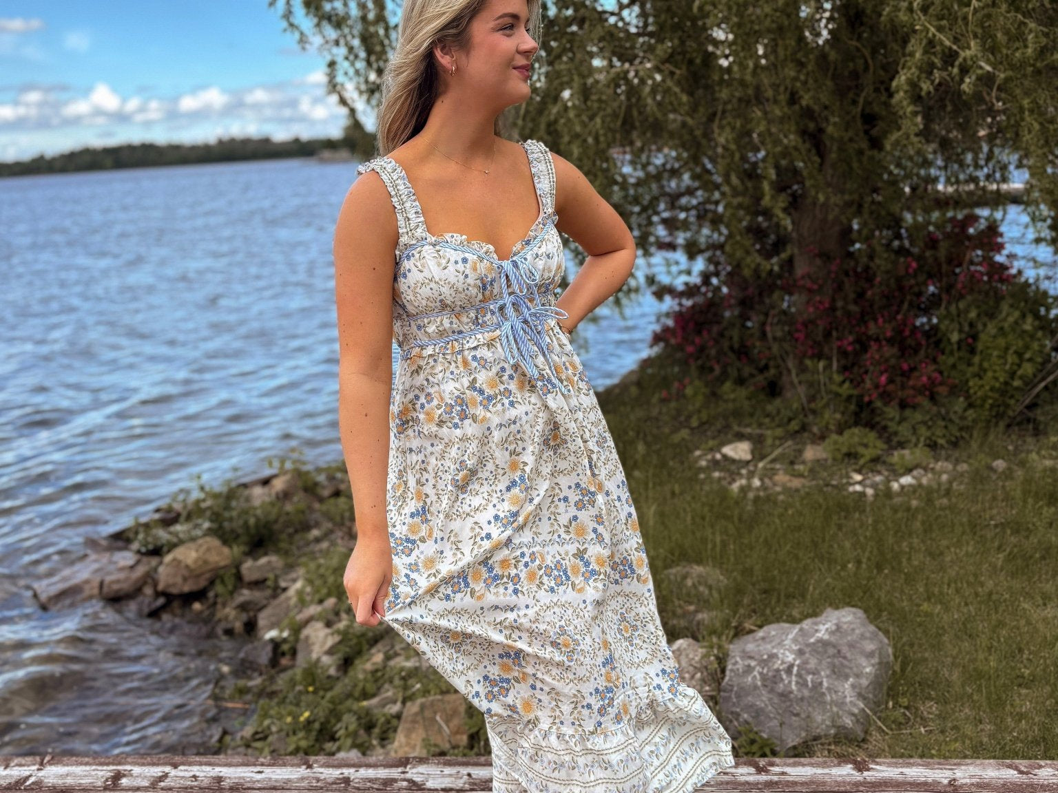Seaview Border Floral Sleeveless Front Tie Midi Dress - Love and Lee Apparel