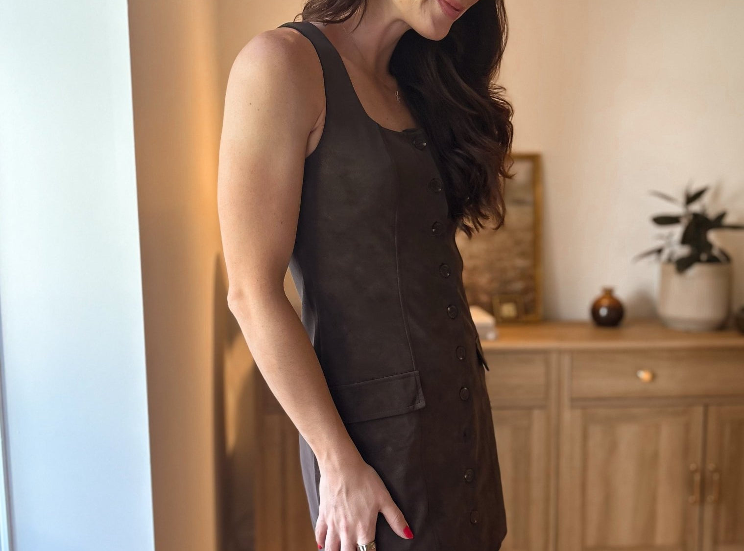 The Dixie Square Neck Button Down Suede Mini Dress in Brown - Love and Lee Apparel