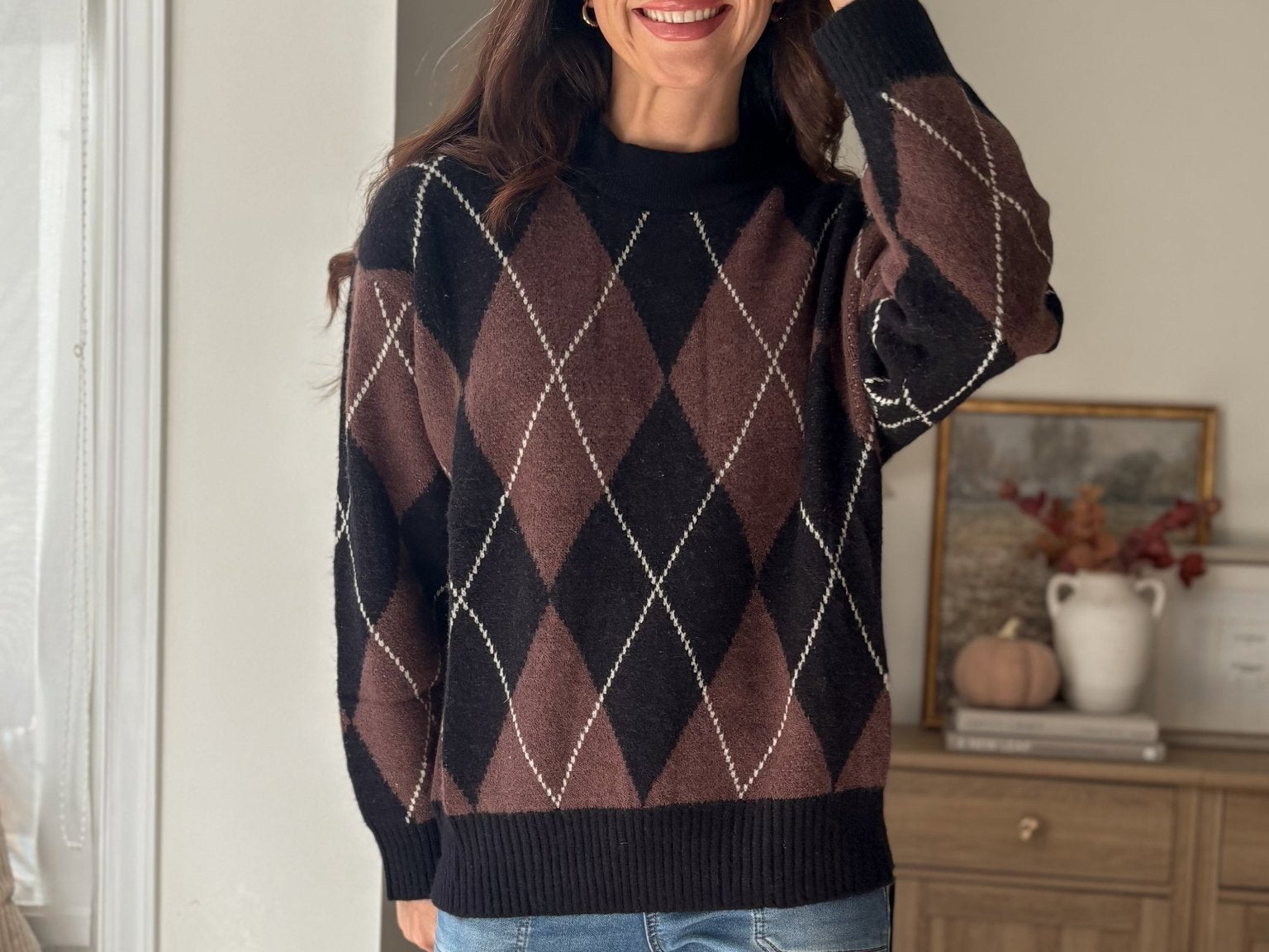 The 'Giving Season' Oversized Argyle Crew Neck Knit Pullover - Love and Lee Apparel